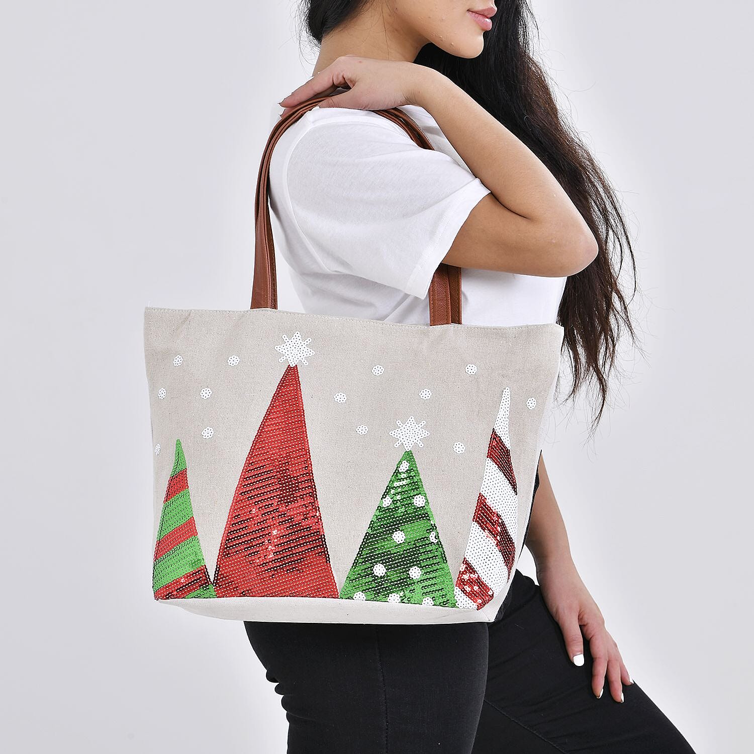 Christmas Collection - Christmas Tree Pattern Tote Bag with Exterior Zipped Pocket & Handle Drop - Khaki