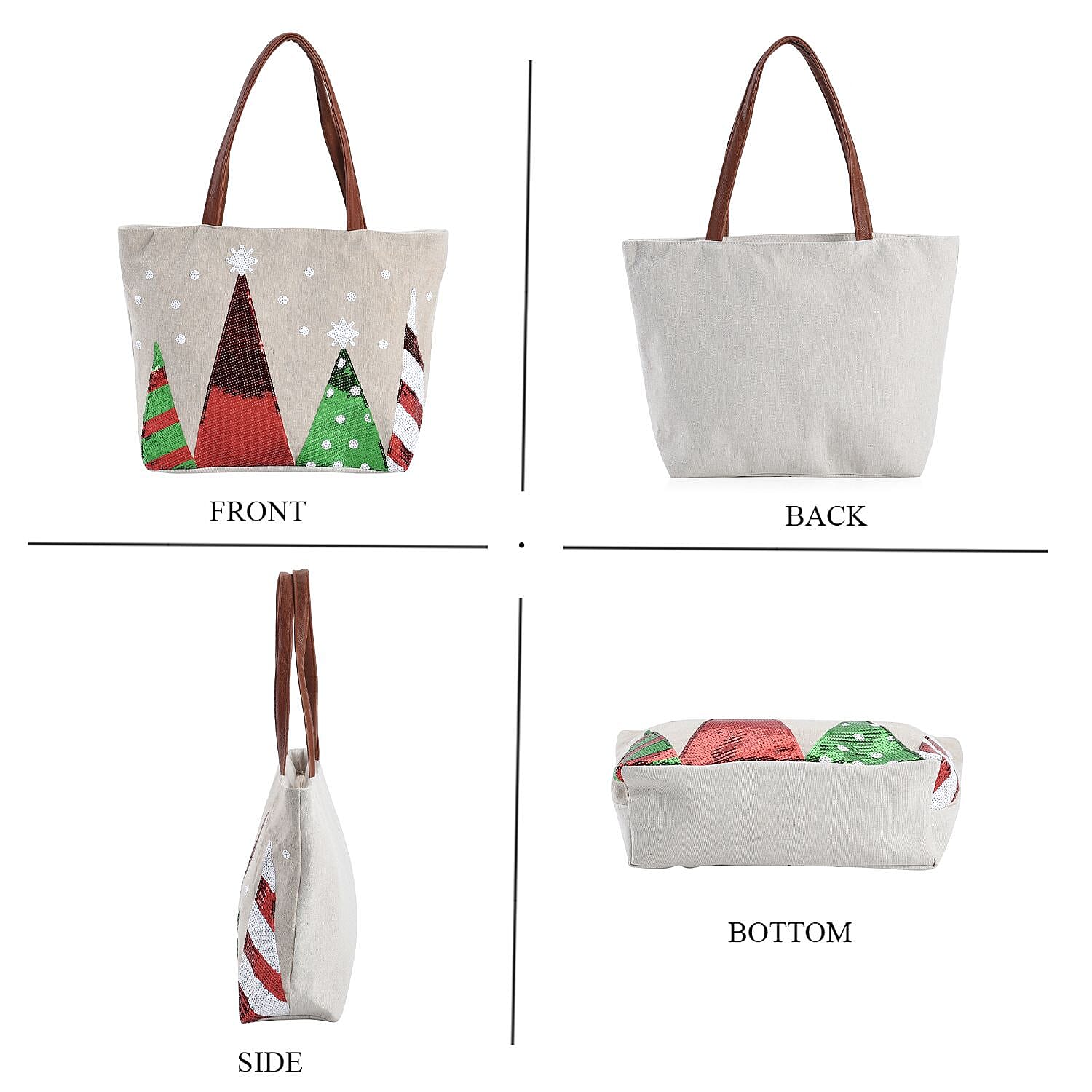 Christmas Collection - Christmas Tree Pattern Tote Bag with Exterior Zipped Pocket & Handle Drop - Khaki