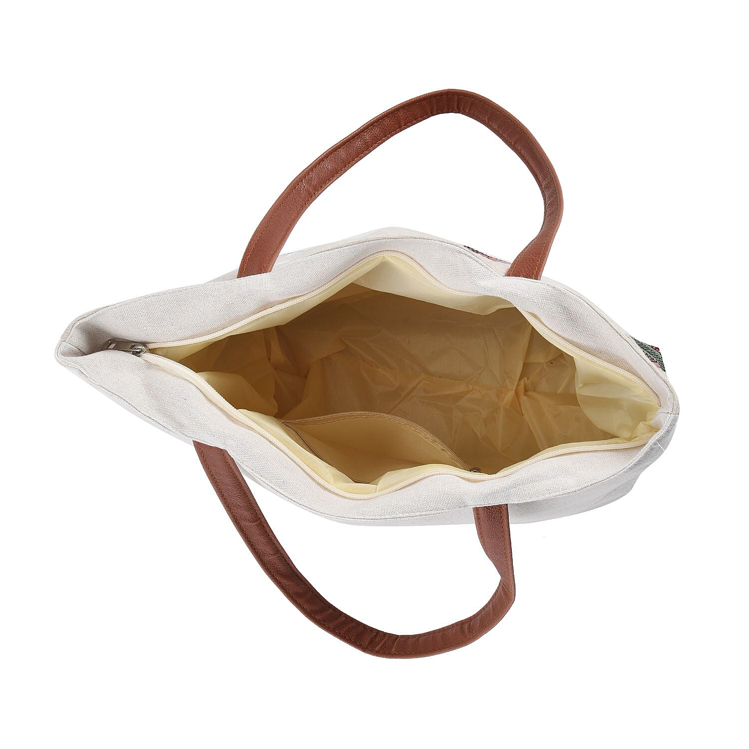 Christmas Collection - Christmas Tree Pattern Tote Bag with Exterior Zipped Pocket & Handle Drop - Khaki