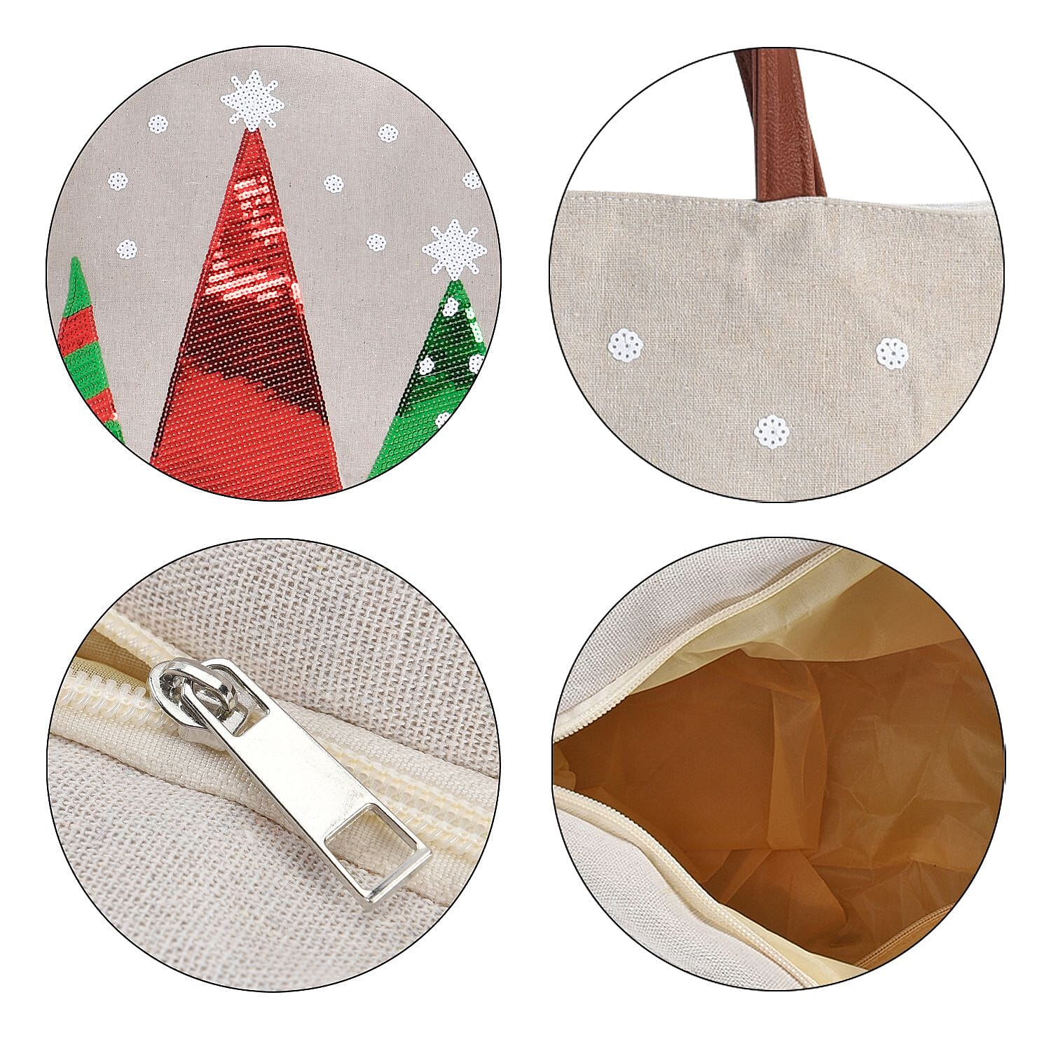 Christmas Collection - Christmas Tree Pattern Tote Bag with Exterior Zipped Pocket & Handle Drop - Khaki