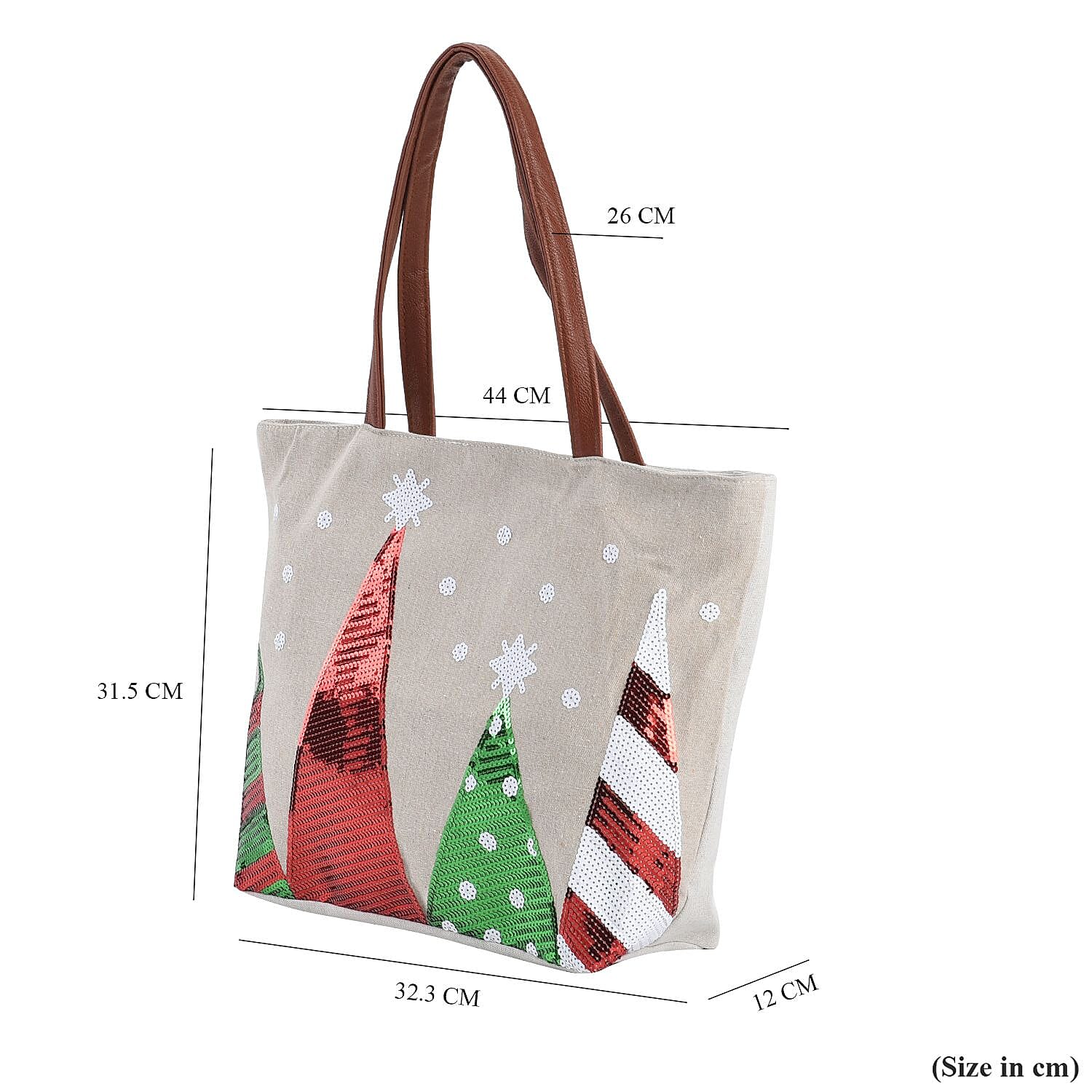 Christmas Collection - Christmas Tree Pattern Tote Bag with Exterior Zipped Pocket & Handle Drop - Khaki