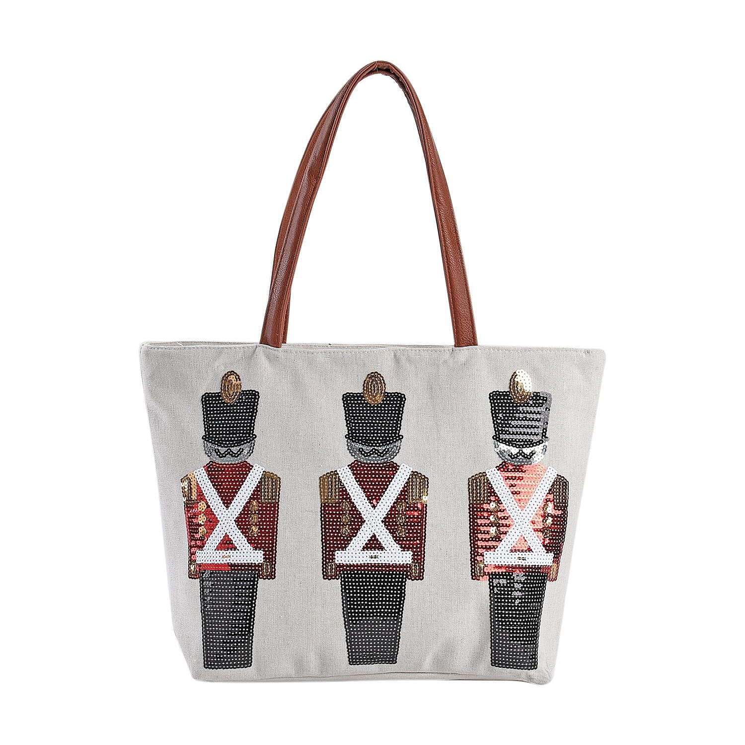Christmas Collection - Nutcracker Pattern Tote Bag with Exterior Zipped Pocket & Handle Drop - Beige