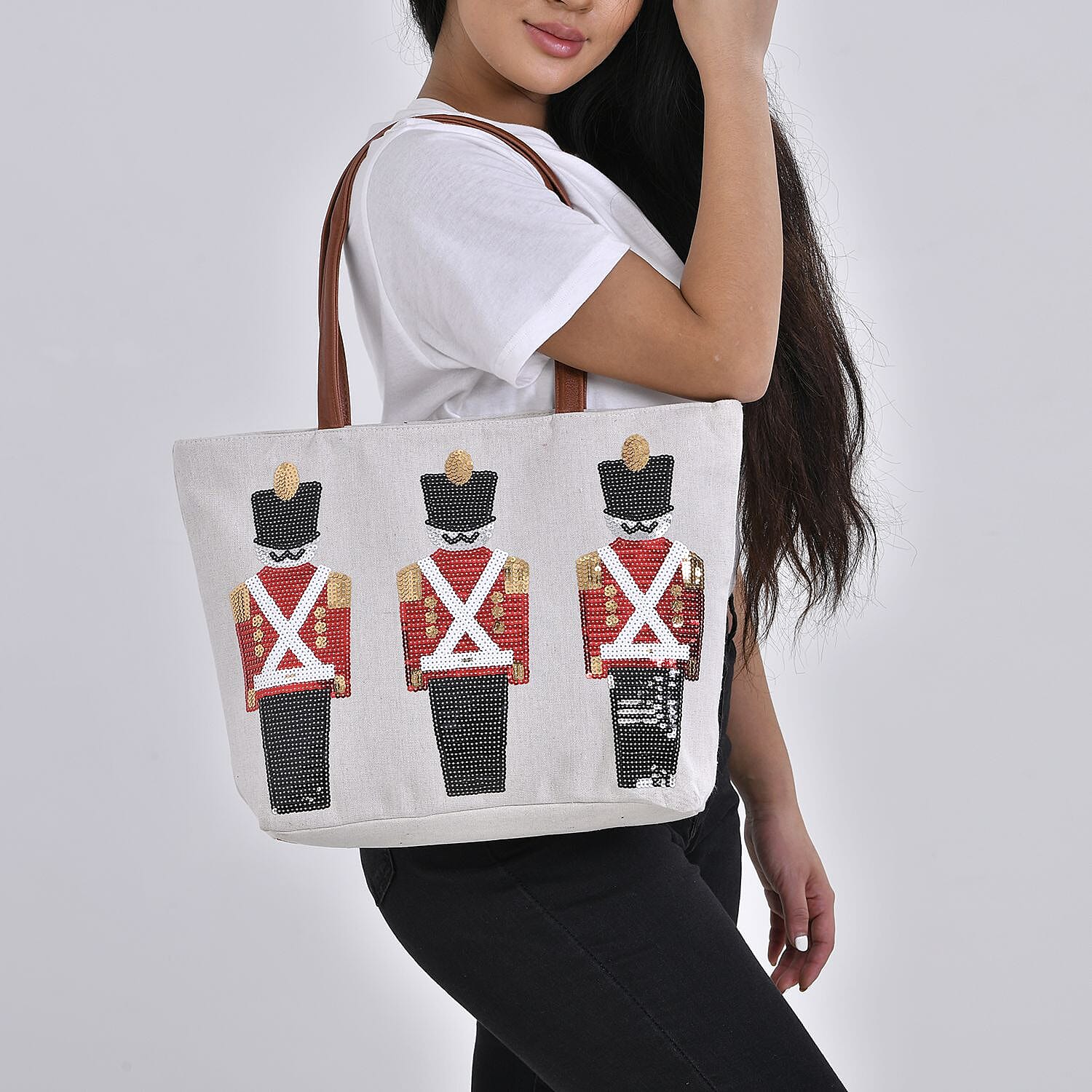 Christmas Collection - Nutcracker Pattern Tote Bag with Exterior Zipped Pocket & Handle Drop - Beige