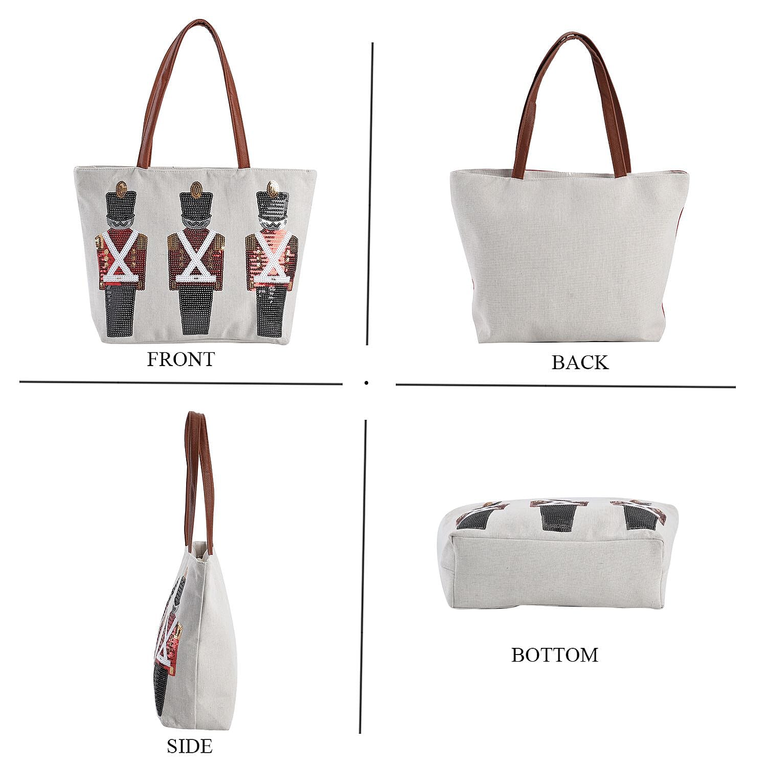 Christmas Collection - Nutcracker Pattern Tote Bag with Exterior Zipped Pocket & Handle Drop - Beige