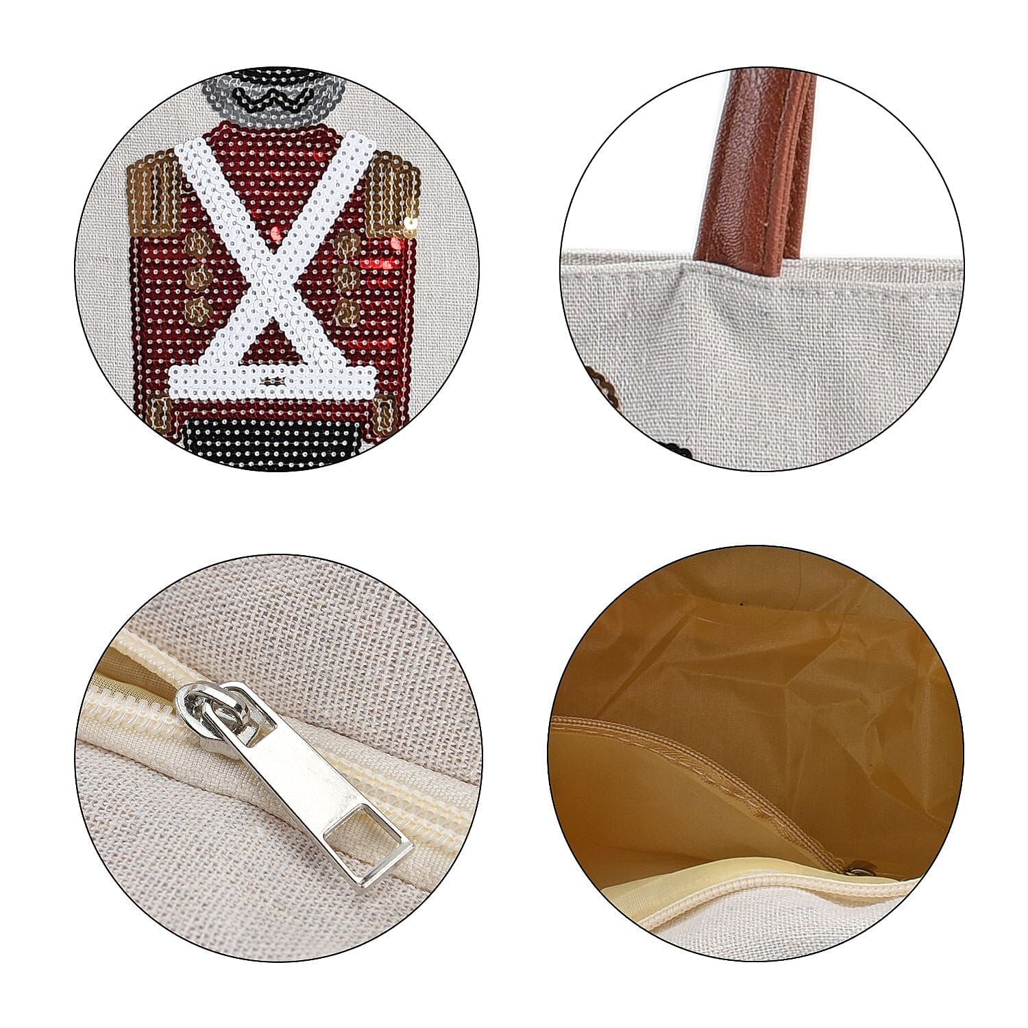 Christmas Collection - Nutcracker Pattern Tote Bag with Exterior Zipped Pocket & Handle Drop - Beige