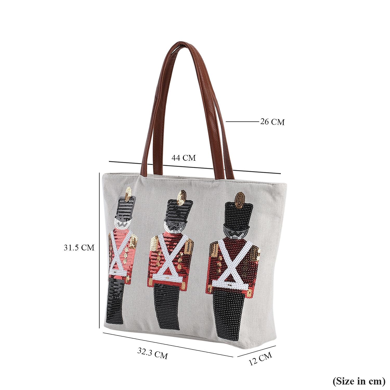 Christmas Collection - Nutcracker Pattern Tote Bag with Exterior Zipped Pocket & Handle Drop - Beige