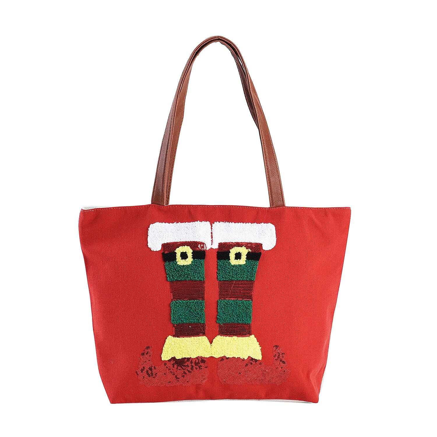 Christmas Collection - Stocking Pattern Tote Bag with Exterior Zipped Pocket & Handle Drop - Red