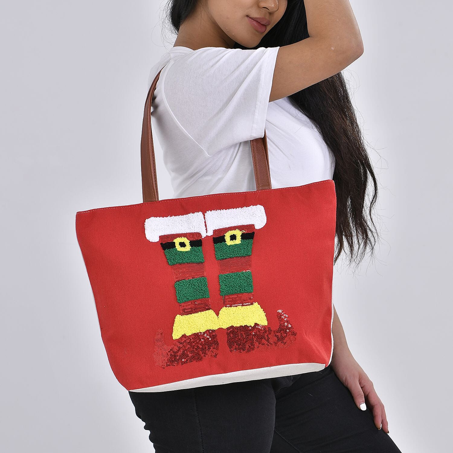 Christmas Collection - Stocking Pattern Tote Bag with Exterior Zipped Pocket & Handle Drop - Red
