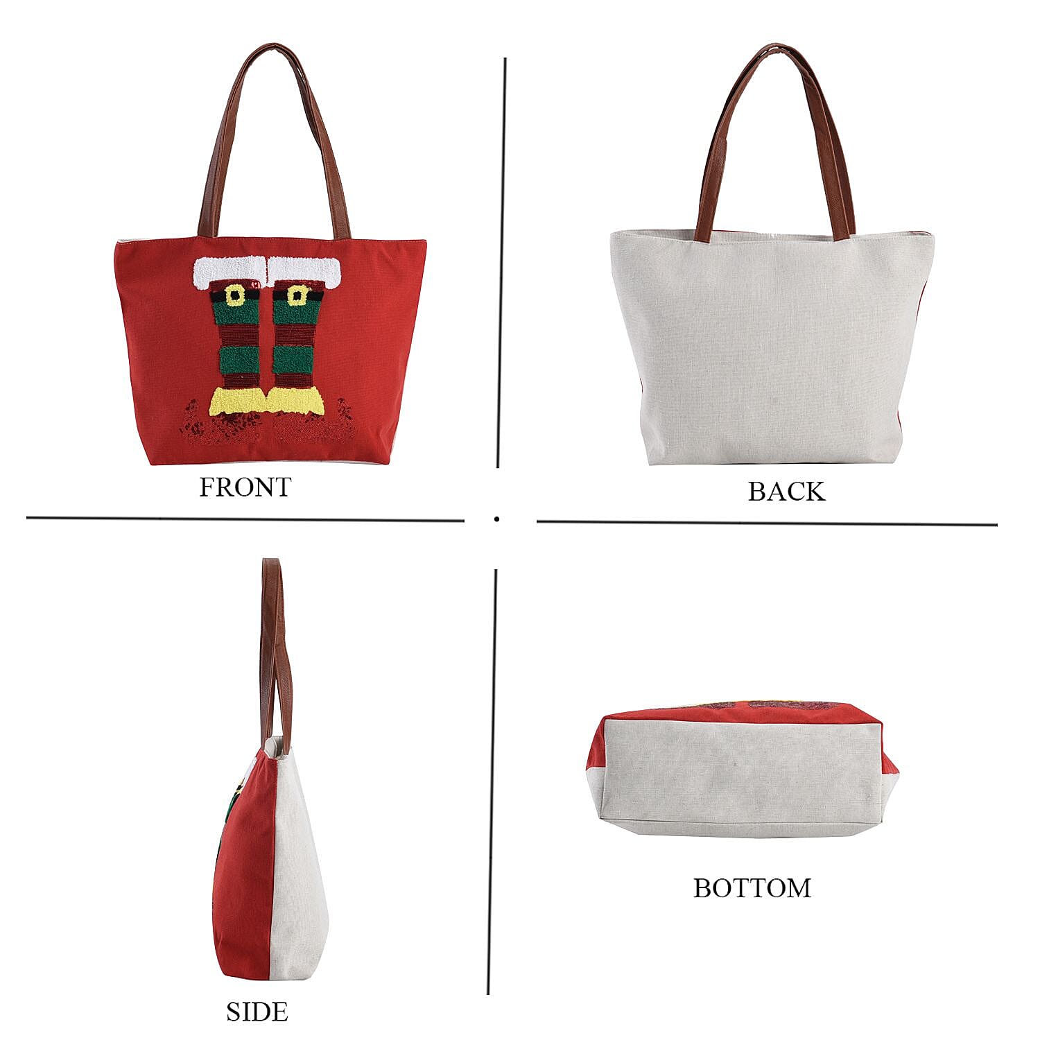 Christmas Collection - Stocking Pattern Tote Bag with Exterior Zipped Pocket & Handle Drop - Red