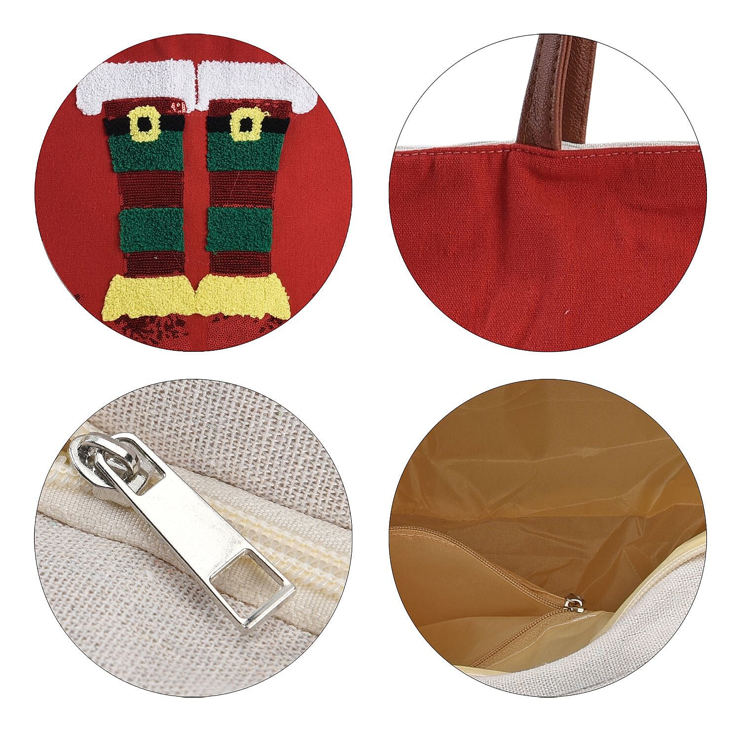 Christmas Collection - Stocking Pattern Tote Bag with Exterior Zipped Pocket & Handle Drop - Red