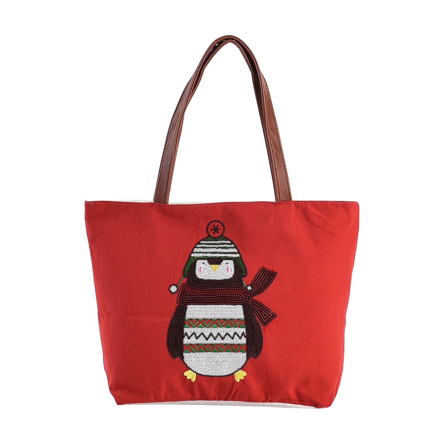 Christmas Collection - Snowman Pattern Tote Bag with Exterior Zipped Pocket & Handle Drop - Red