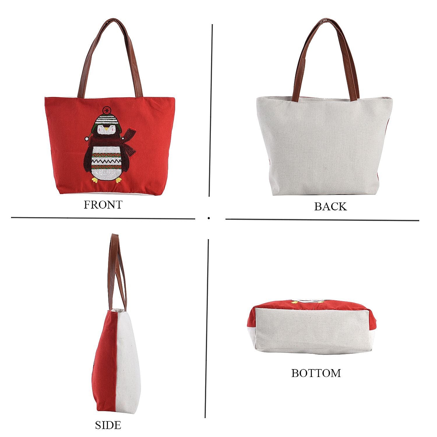 Christmas Collection - Snowman Pattern Tote Bag with Exterior Zipped Pocket & Handle Drop - Red