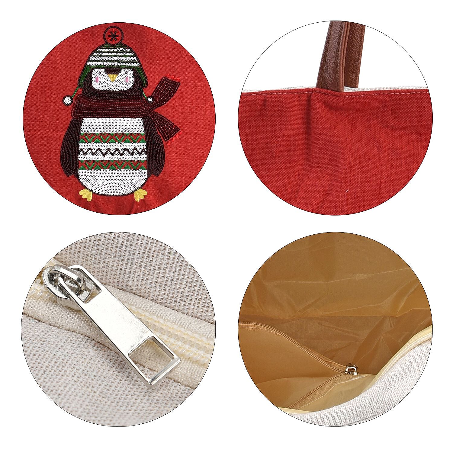 Christmas Collection - Snowman Pattern Tote Bag with Exterior Zipped Pocket & Handle Drop - Red