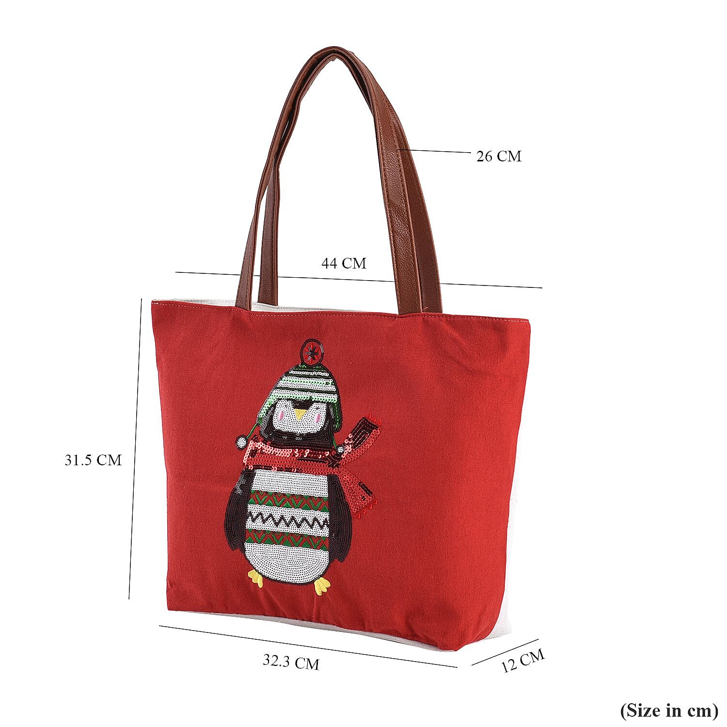 Christmas Collection - Snowman Pattern Tote Bag with Exterior Zipped Pocket & Handle Drop - Red