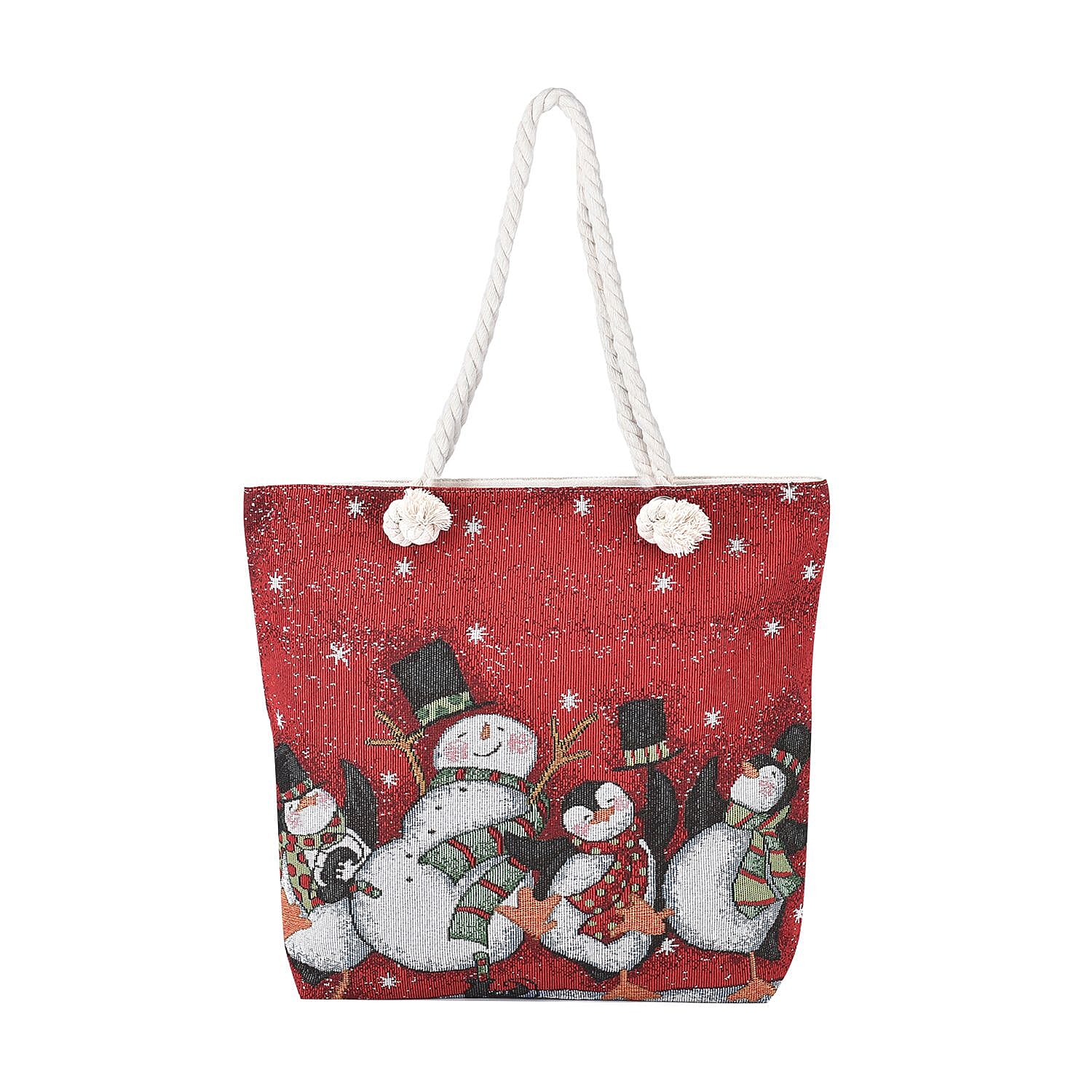 Snowman & Penguin Pattern Jute Tote Bag With Zipped Pockets & Handle Drop - Red & White