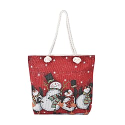 Christmas Floral Pattern Jute Tote Bag With Zipped Pockets & Handle Drop - White & Red