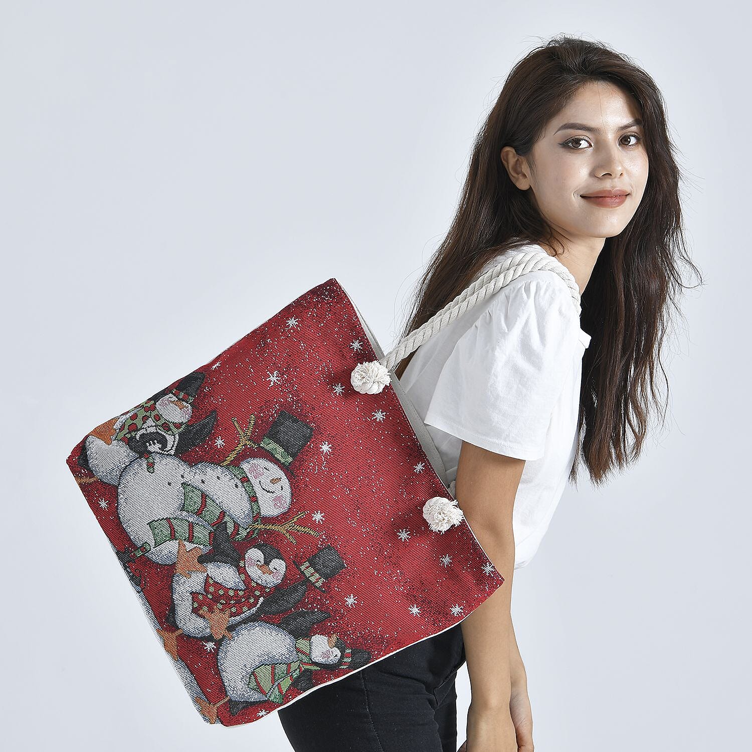 Snowman & Penguin Pattern Jute Tote Bag With Zipped Pockets & Handle Drop - Red & White