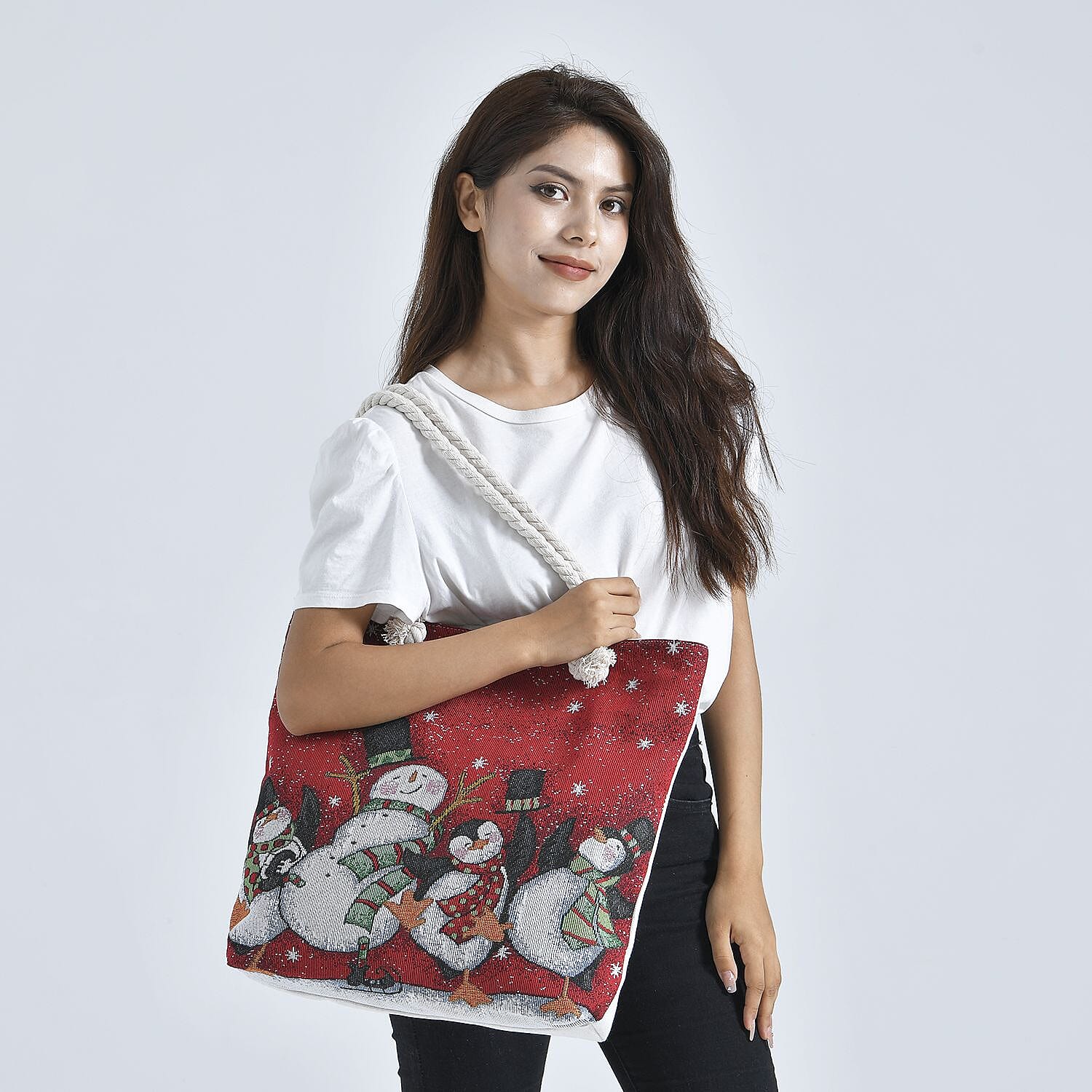 Snowman & Penguin Pattern Jute Tote Bag With Zipped Pockets & Handle Drop - Red & White
