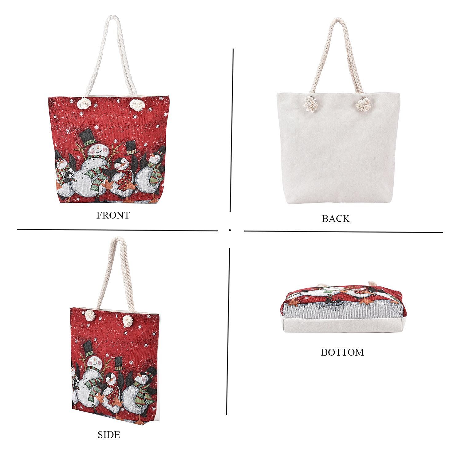 Snowman & Penguin Pattern Jute Tote Bag With Zipped Pockets & Handle Drop - Red & White