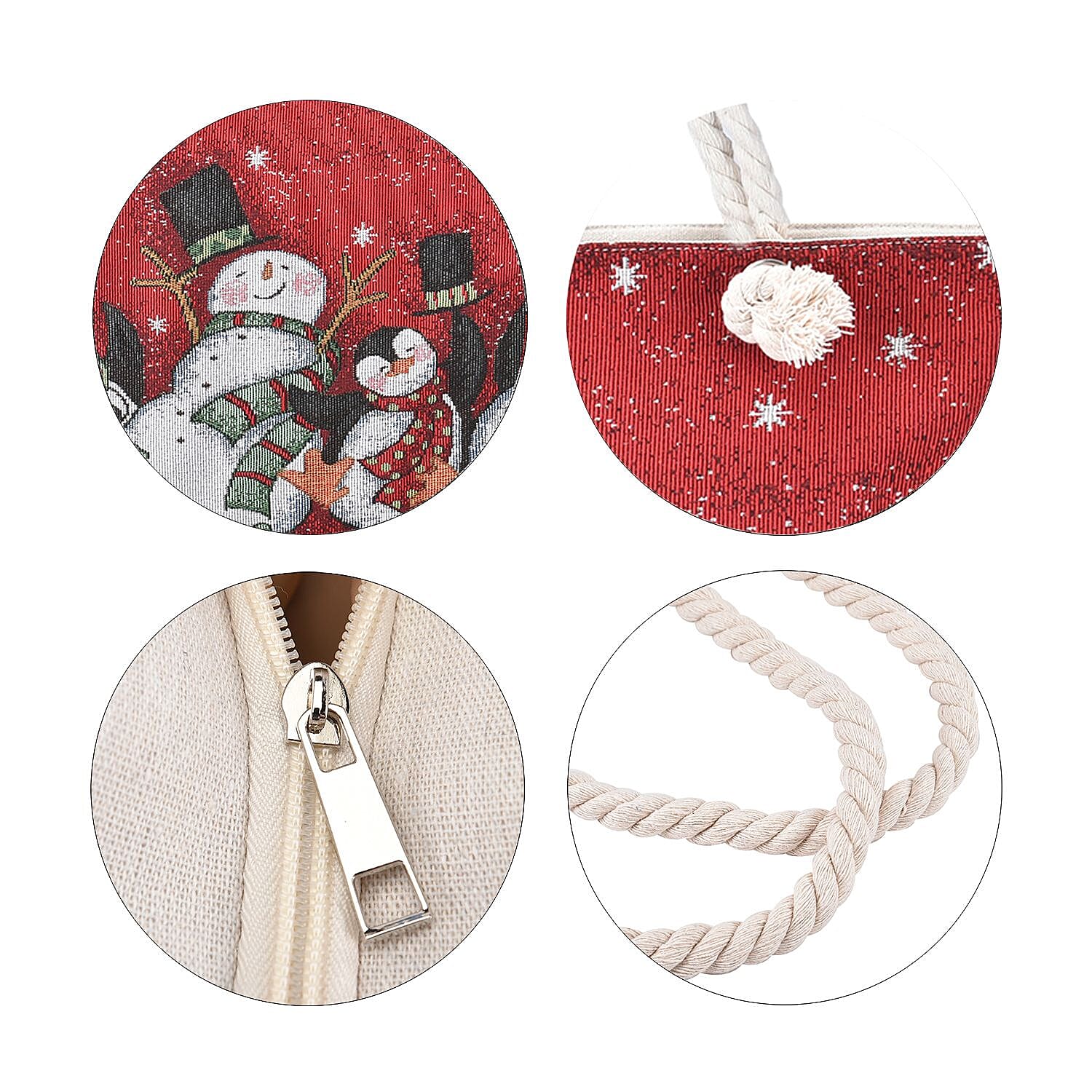Snowman & Penguin Pattern Jute Tote Bag With Zipped Pockets & Handle Drop - Red & White