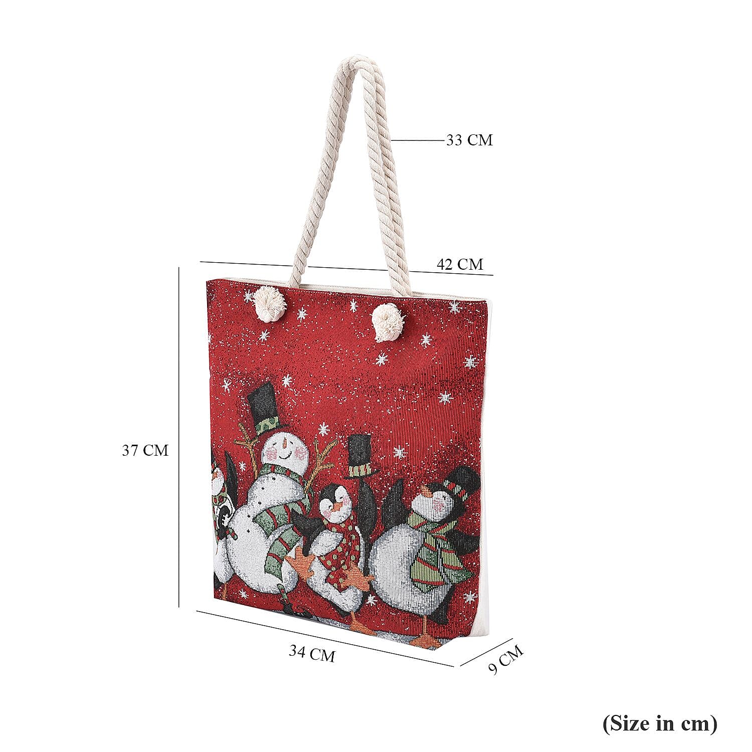 Snowman & Penguin Pattern Jute Tote Bag With Zipped Pockets & Handle Drop - Red & White