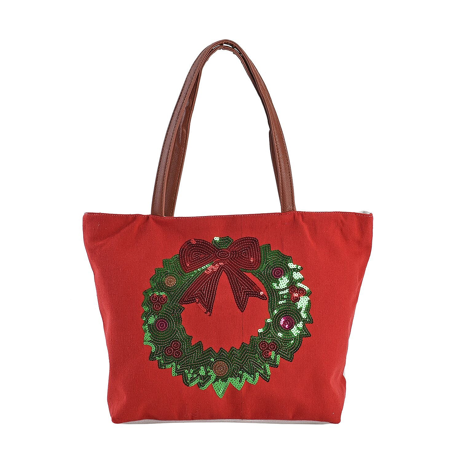 Christmas Collection - Wreath Pattern Tote Bag with Exterior Zipped Pocket & Handle Drop - Red