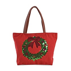 Christmas Collection - Christmas Tree Pattern Tote Bag with Exterior Zipped Pocket & Handle Drop - Khaki