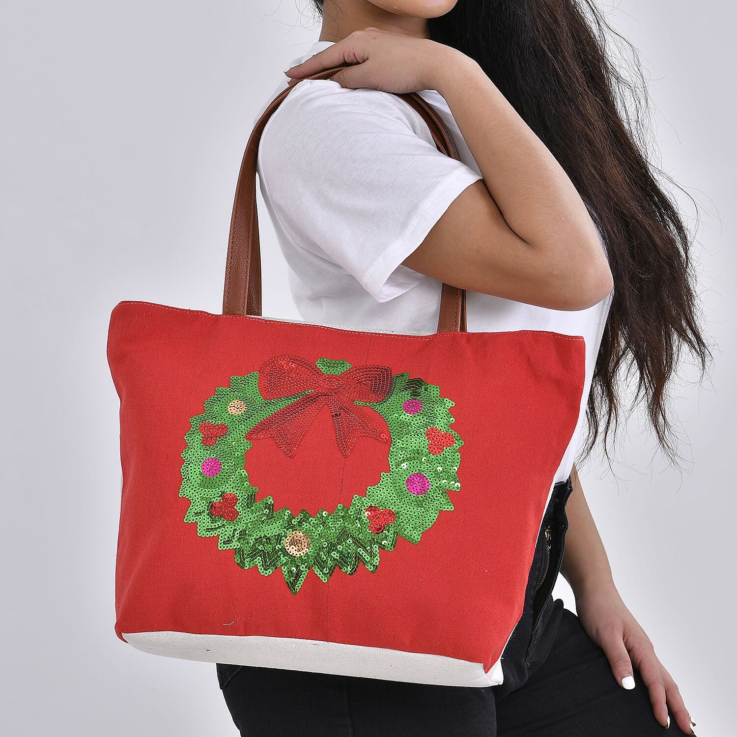 Christmas Collection - Wreath Pattern Tote Bag with Exterior Zipped Pocket & Handle Drop - Red
