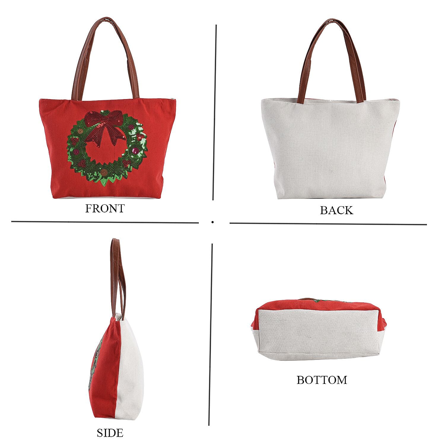 Christmas Collection - Wreath Pattern Tote Bag with Exterior Zipped Pocket & Handle Drop - Red