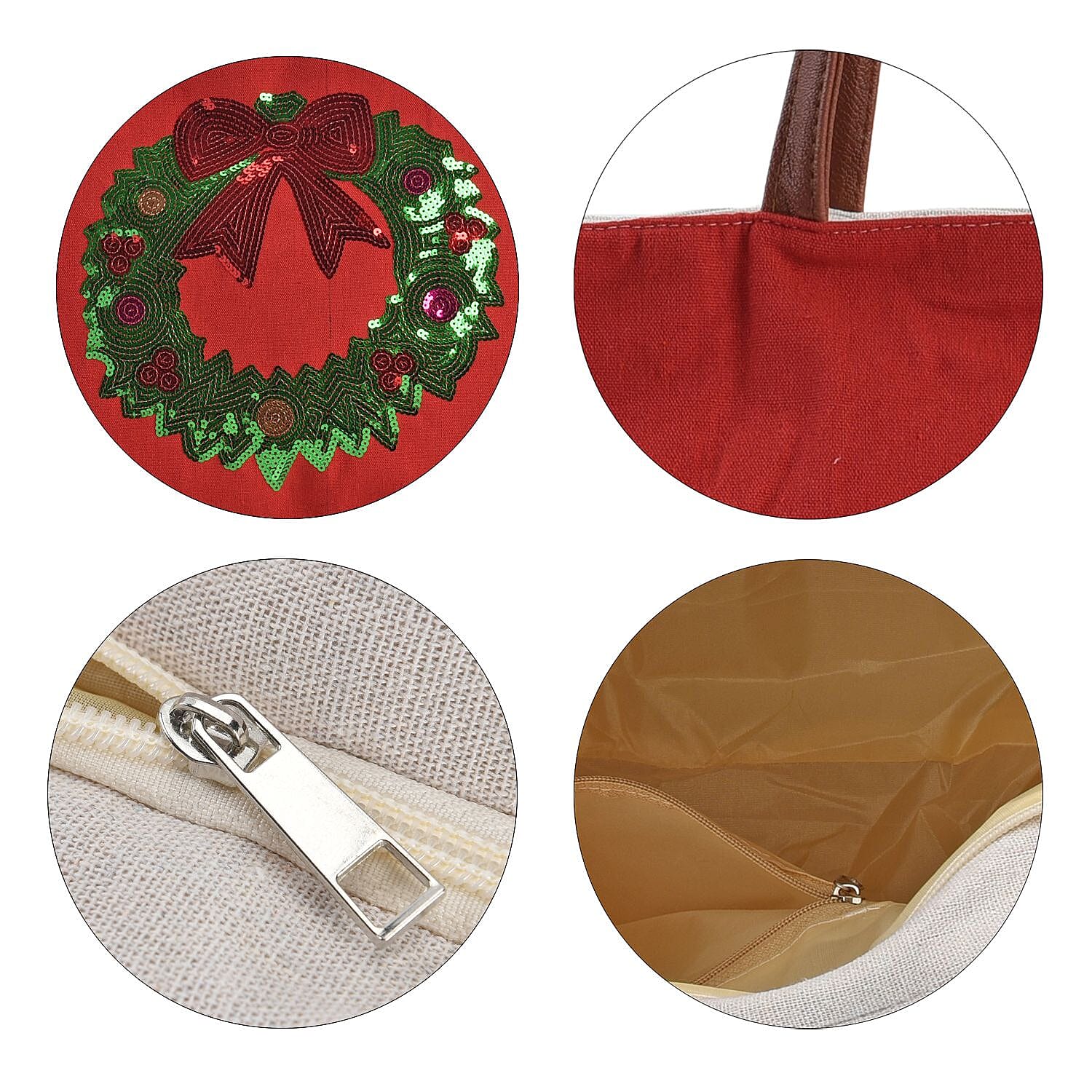 Christmas Collection - Wreath Pattern Tote Bag with Exterior Zipped Pocket & Handle Drop - Red