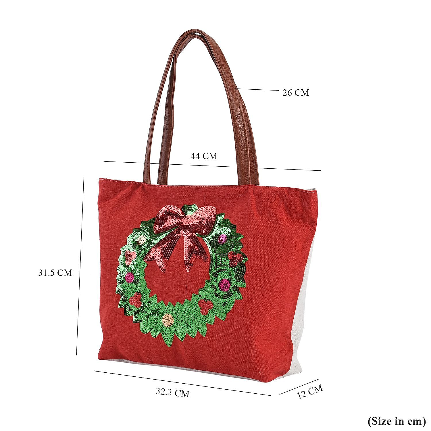 Christmas Collection - Wreath Pattern Tote Bag with Exterior Zipped Pocket & Handle Drop - Red