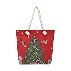 Christmas Floral Pattern Jute Tote Bag With Zipped Pockets & Handle Drop - White & Red