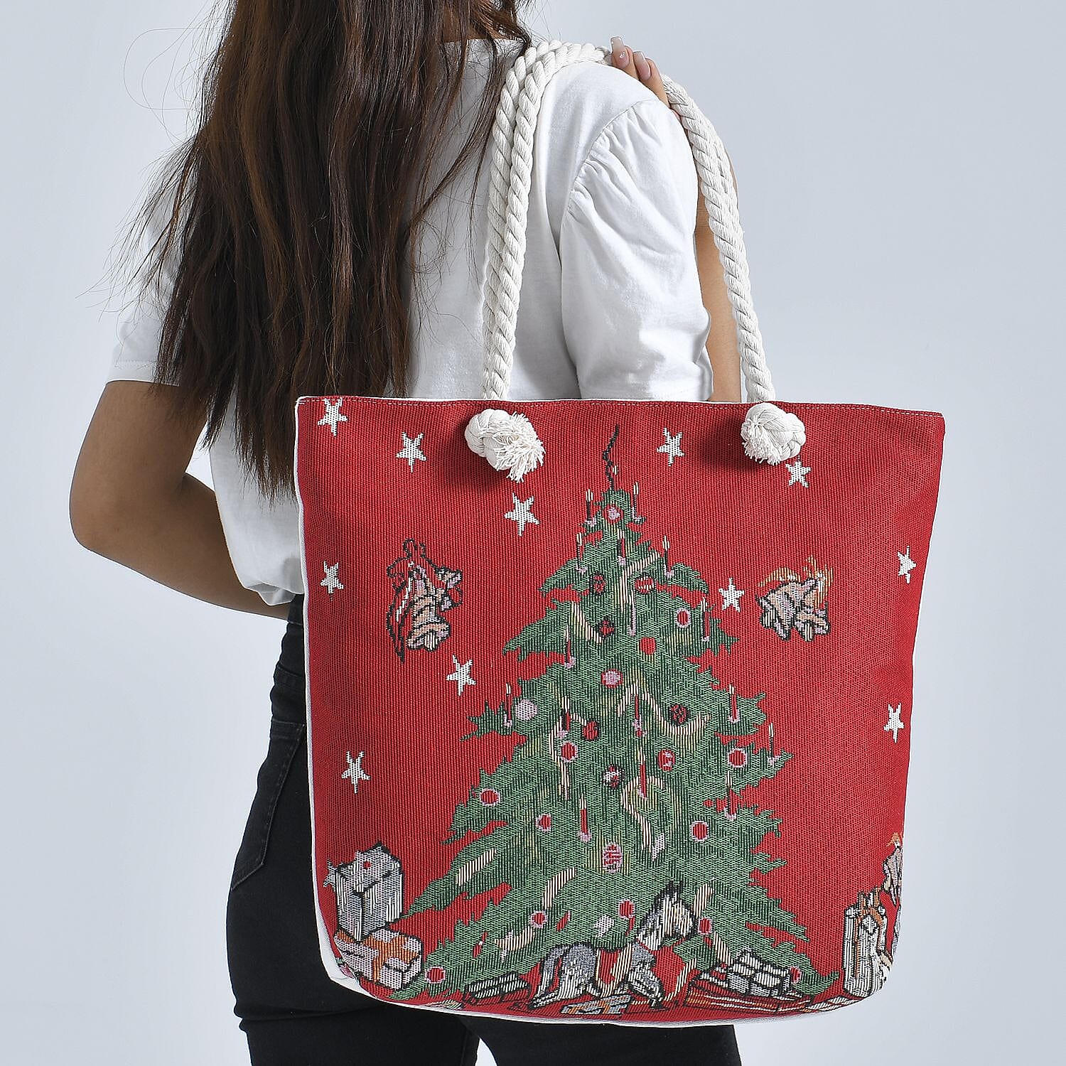 Christmas Tree & Gift Pattern Jute Tote Bag With Zipped Pockets & Handle Drop - Red