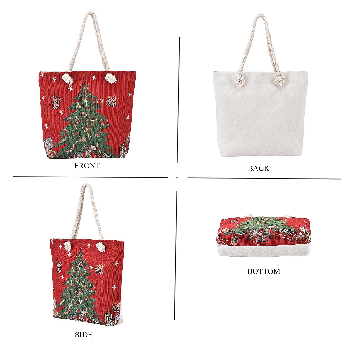 Christmas Tree & Gift Pattern Jute Tote Bag With Zipped Pockets & Handle Drop - Red