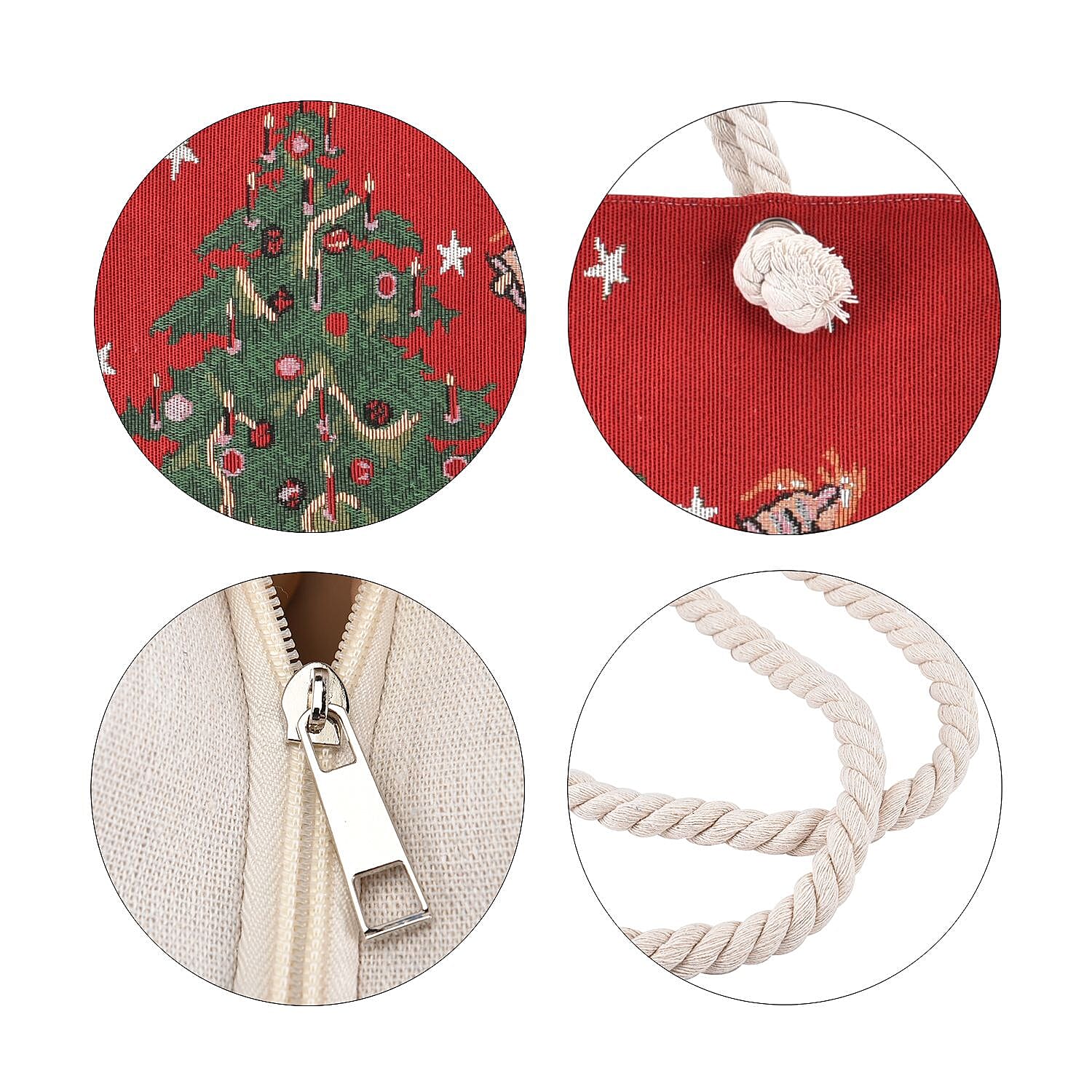 Christmas Tree & Gift Pattern Jute Tote Bag With Zipped Pockets & Handle Drop - Red