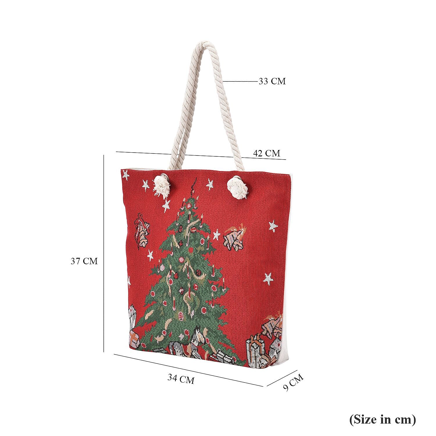 Christmas Tree & Gift Pattern Jute Tote Bag With Zipped Pockets & Handle Drop - Red