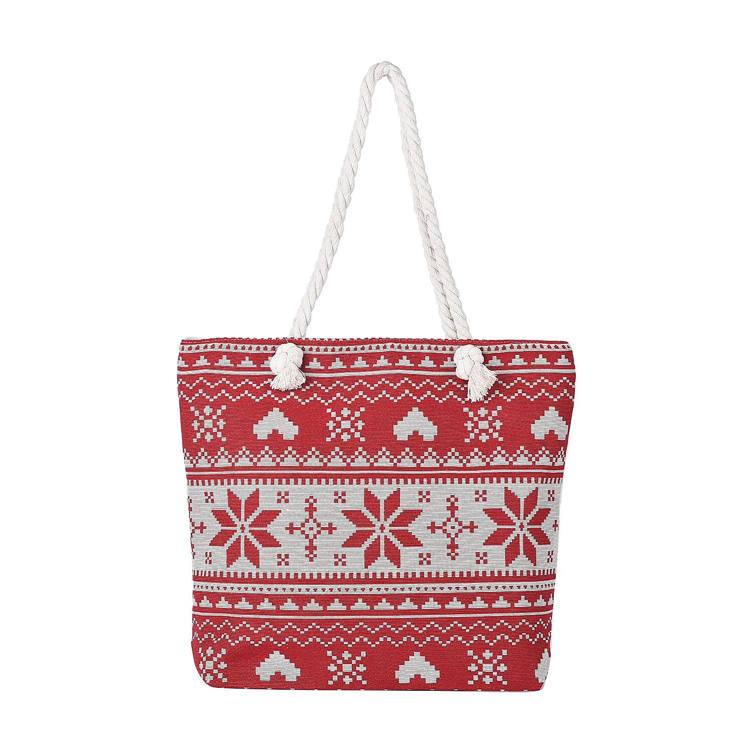 Snowflake Pattern Jute Tote Bag With Zipped Pockets & Handle Drop - Red & White