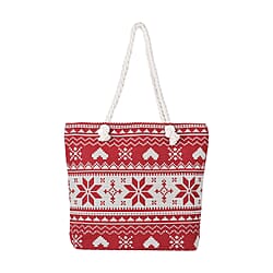 Christmas Floral Pattern Jute Tote Bag With Zipped Pockets & Handle Drop - White & Red