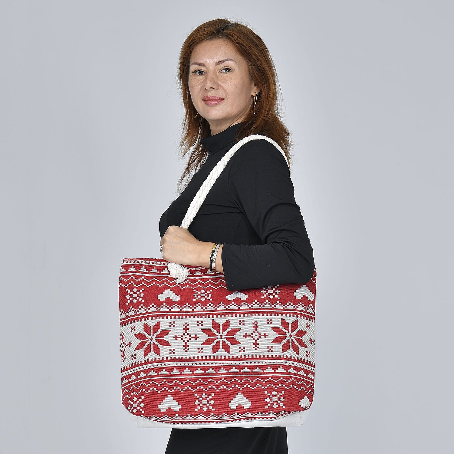 Snowflake Pattern Jute Tote Bag With Zipped Pockets & Handle Drop - Red & White