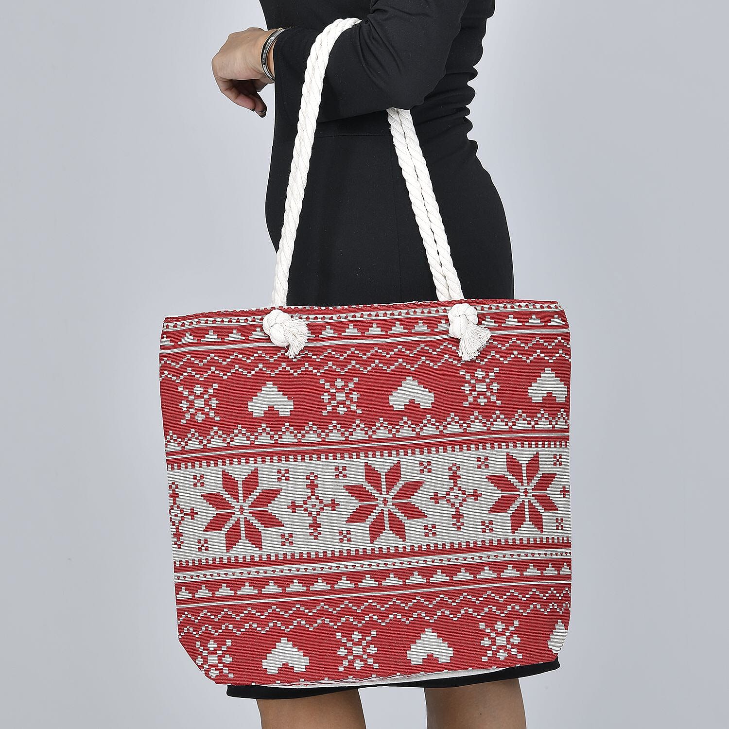 Snowflake Pattern Jute Tote Bag With Zipped Pockets & Handle Drop - Red & White