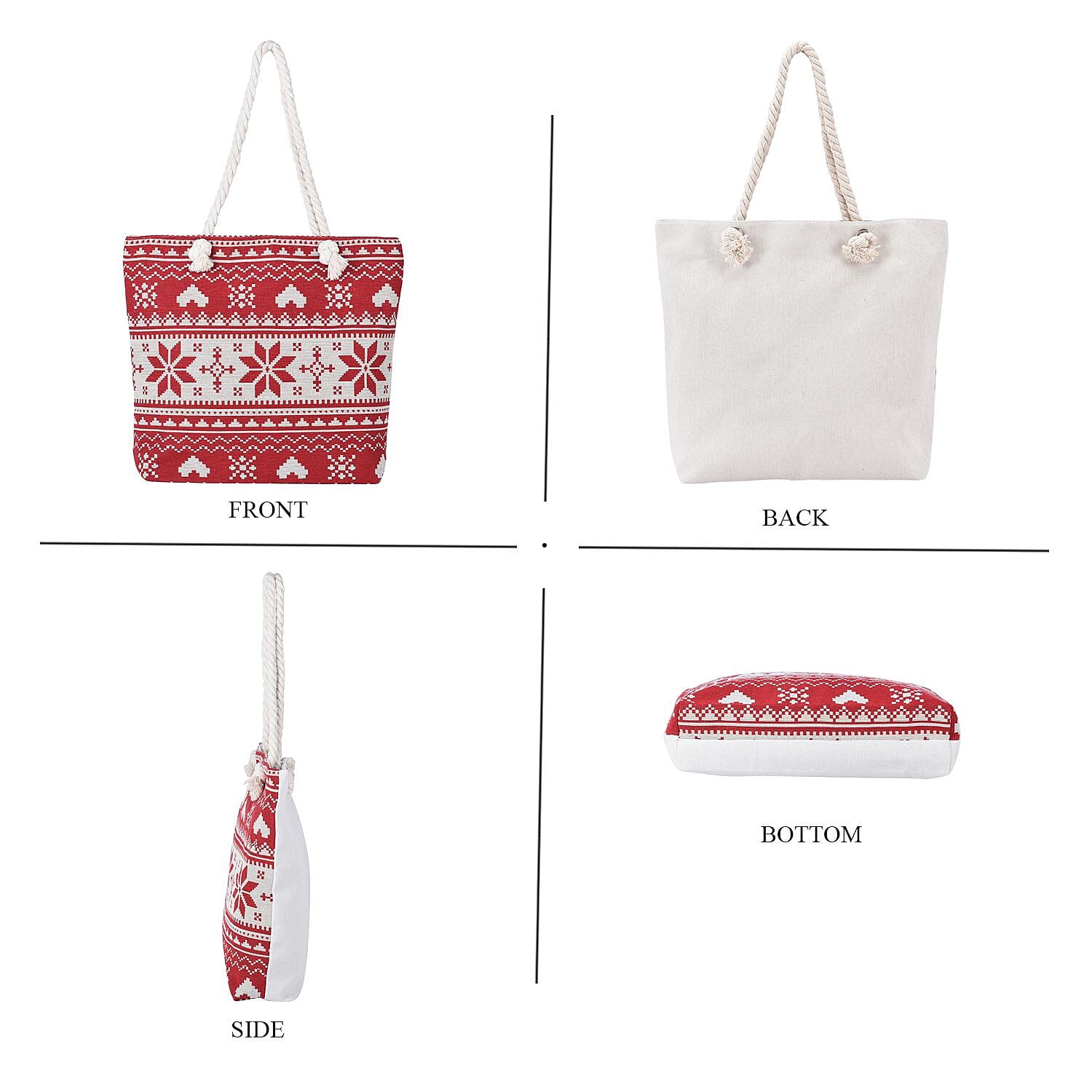 Snowflake Pattern Jute Tote Bag With Zipped Pockets & Handle Drop - Red & White