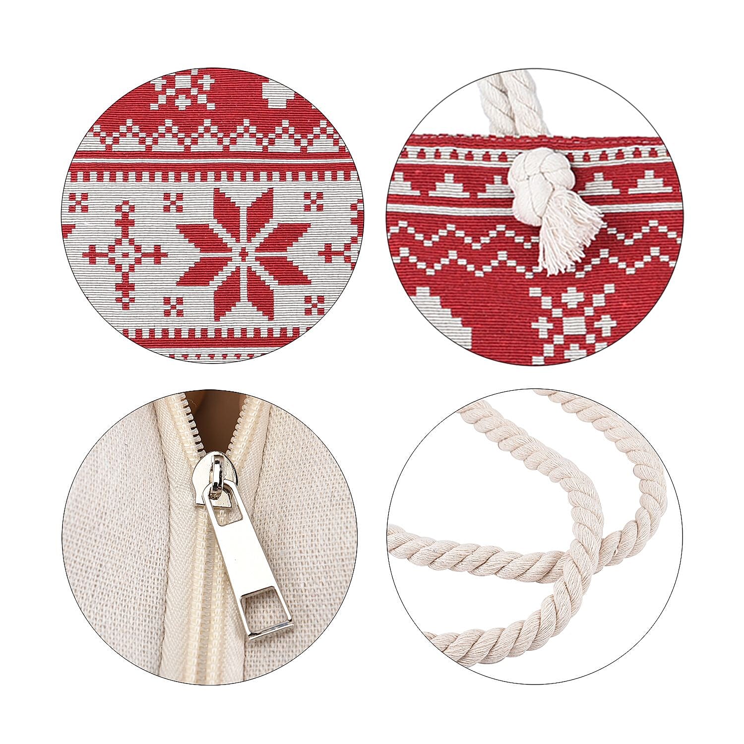 Snowflake Pattern Jute Tote Bag With Zipped Pockets & Handle Drop - Red & White