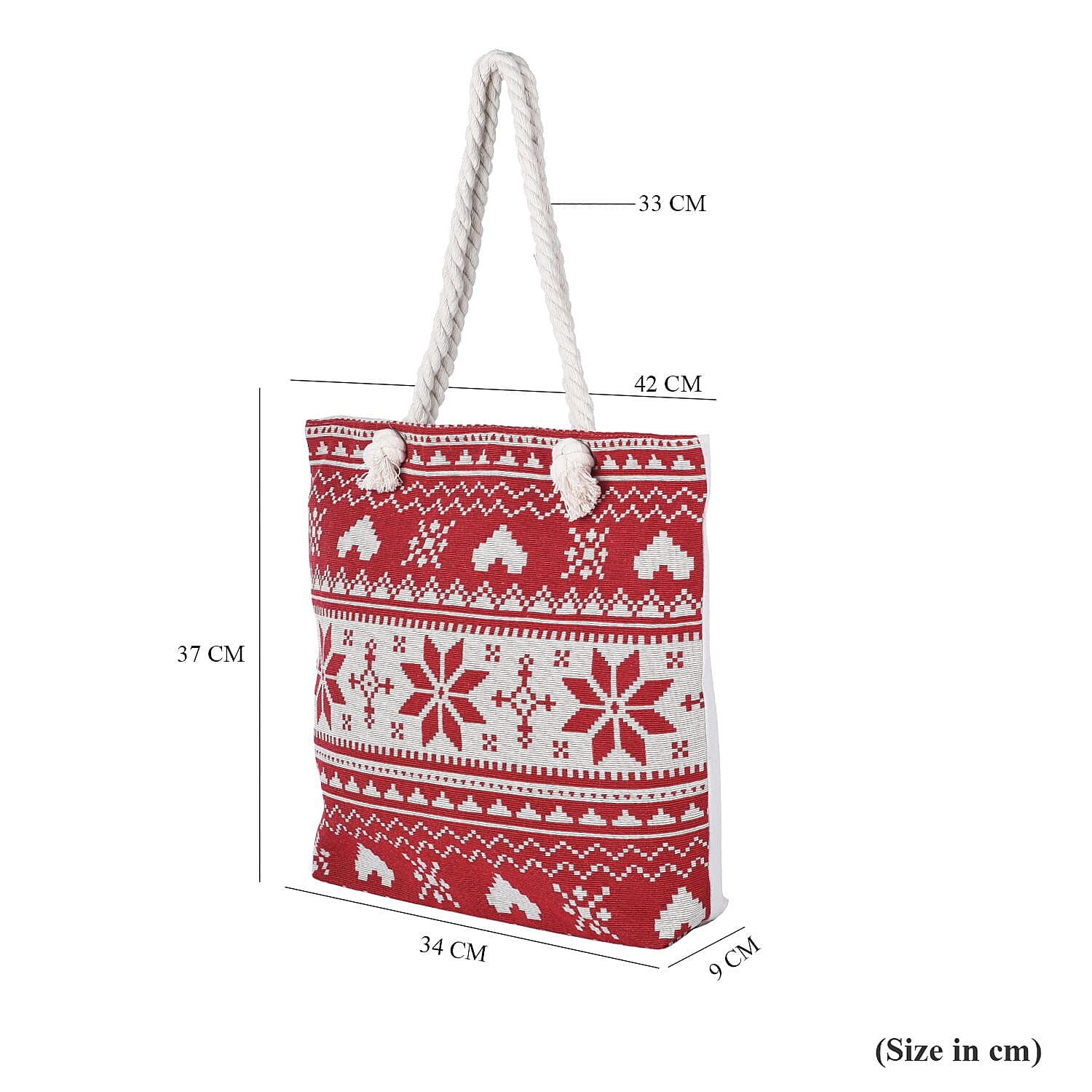 Snowflake Pattern Jute Tote Bag With Zipped Pockets & Handle Drop - Red & White