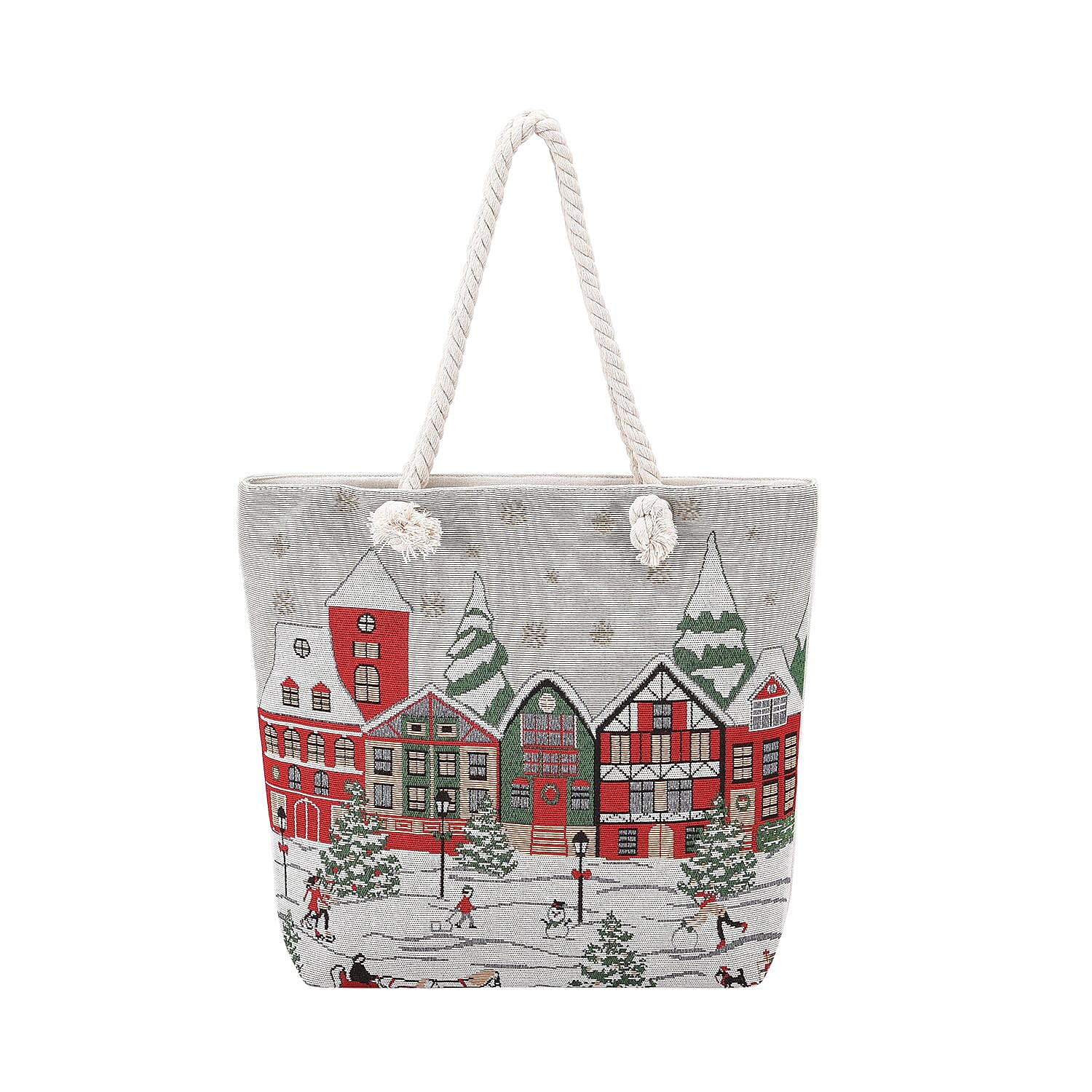 Snow Pattern Jute Tote Bag With Zipped Pockets & Handle Drop - Red- White & Multi