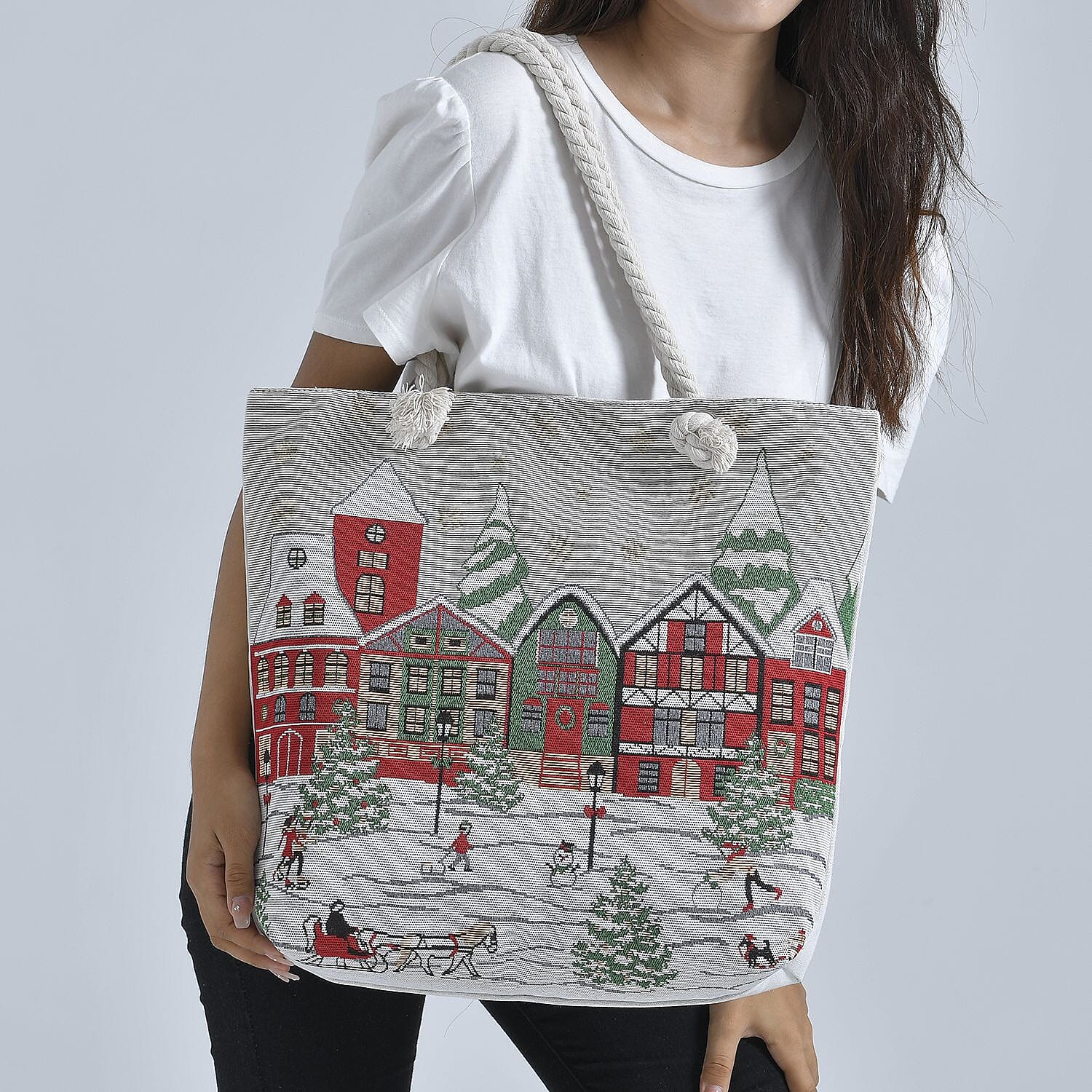 Snow Pattern Jute Tote Bag With Zipped Pockets & Handle Drop - Red- White & Multi