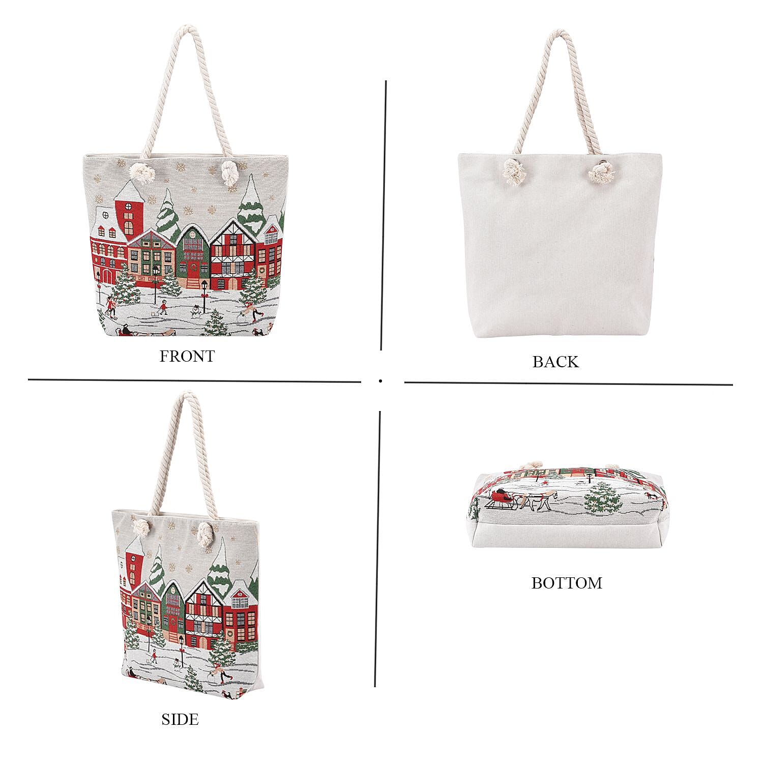 Snow Pattern Jute Tote Bag With Zipped Pockets & Handle Drop - Red- White & Multi