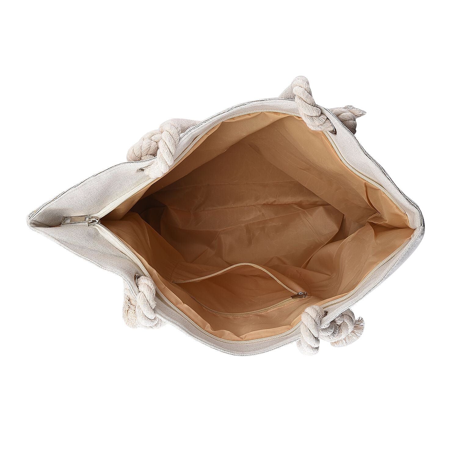 Snow Pattern Jute Tote Bag With Zipped Pockets & Handle Drop - Red- White & Multi