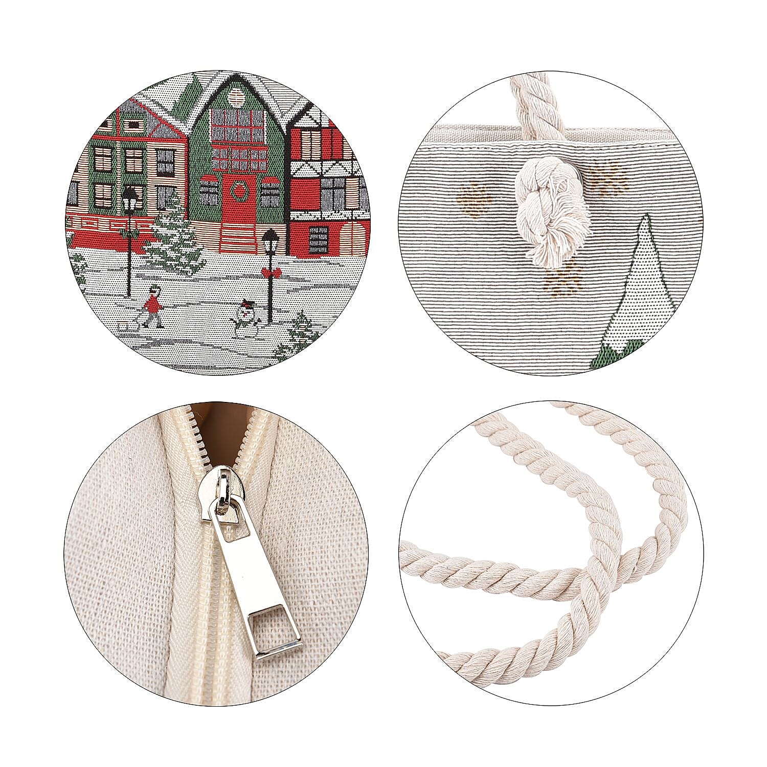 Snow Pattern Jute Tote Bag With Zipped Pockets & Handle Drop - Red- White & Multi