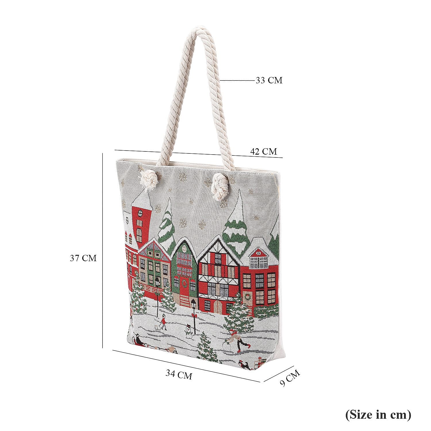 Snow Pattern Jute Tote Bag With Zipped Pockets & Handle Drop - Red- White & Multi