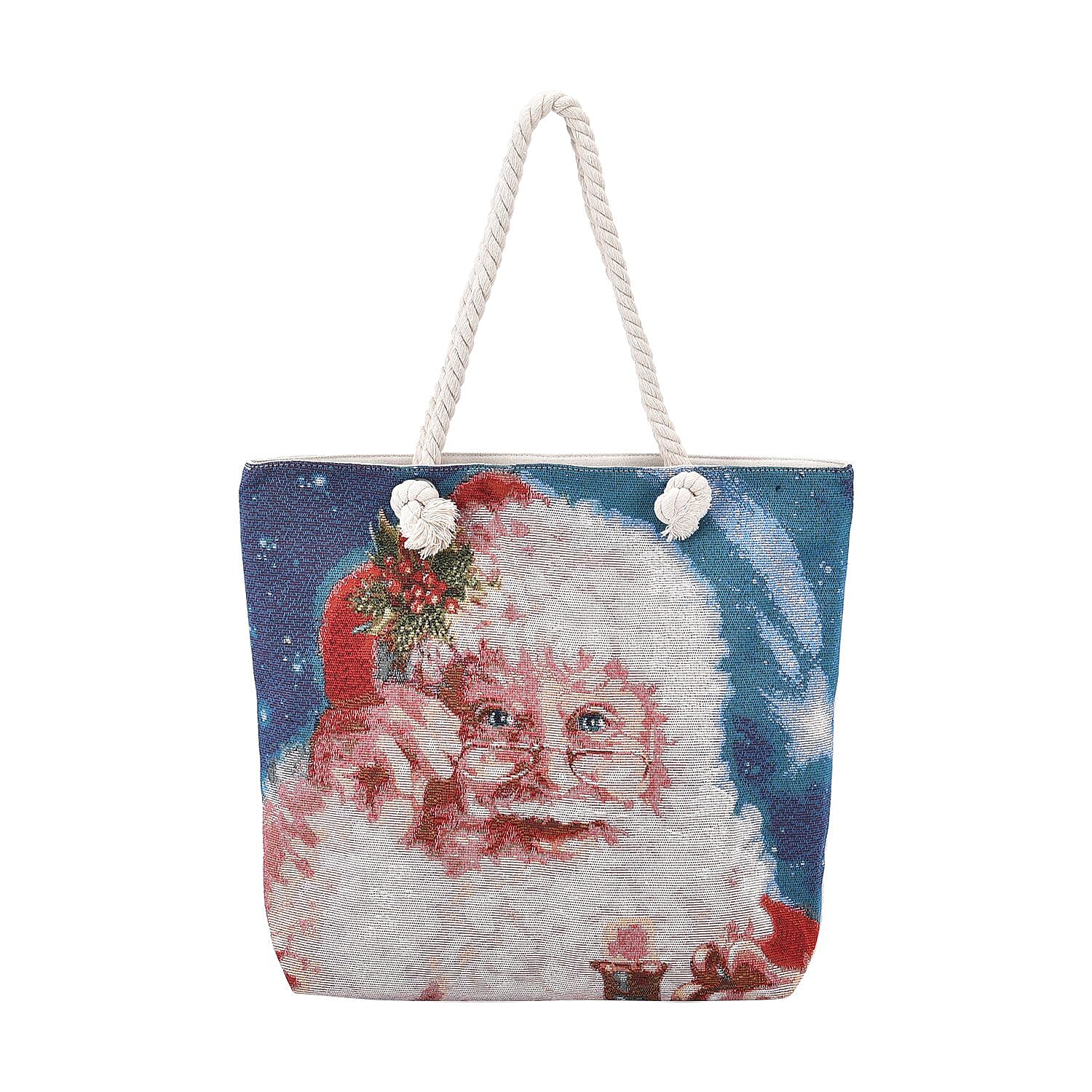 Santa Claus Pattern Jute Tote Bag With Zipped Pockets & Handle Drop - Blue & White